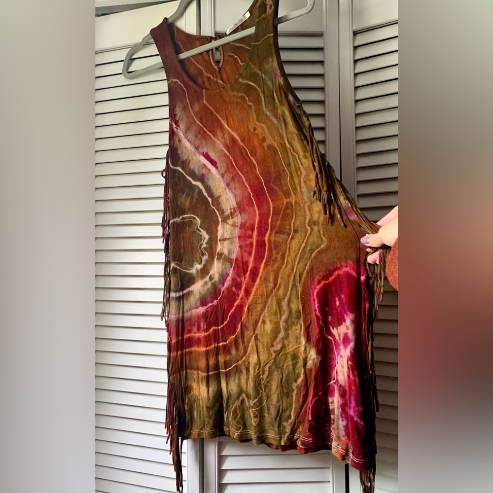 Katya Moon Dyes Fringe Mini Dress ~ Earthy Geode tie dye ~ Small